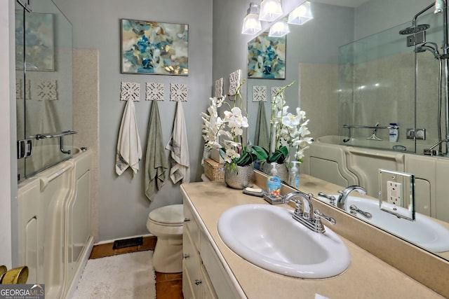 208 Colony Rd, Dillard, GA 30537 - full bath featuring an enclosed shower, vanity, a bath, a chandelier, and tile patterned floors