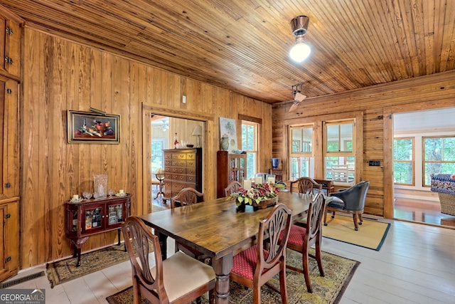 dining room featuring light hardwood / wood-style floors, wooden ceiling, and wood walls