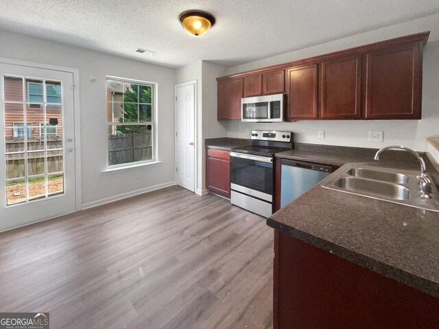 kitchen featuring a healthy amount of sunlight, stainless steel appliances, sink, and light hardwood / wood-style flooring