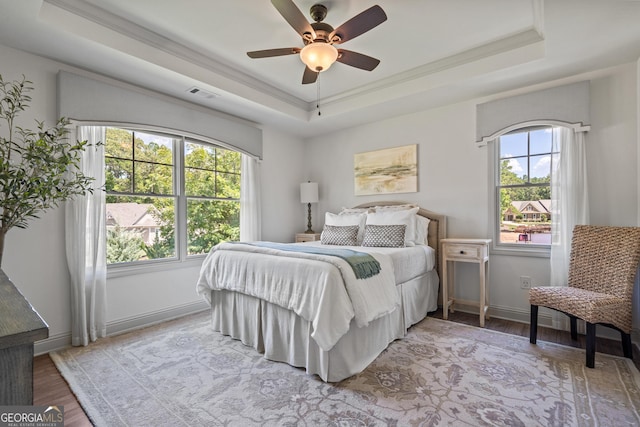 bedroom featuring ceiling fan, multiple windows, and a tray ceiling