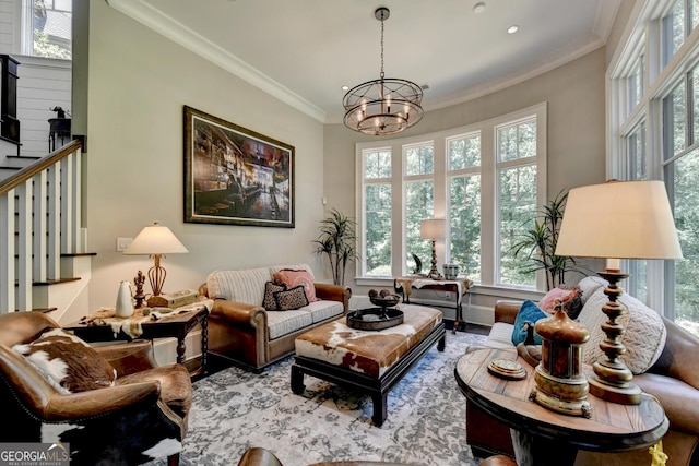962 Chattooga Trce, Suwanee, GA 30024 - living area with plenty of natural light, a chandelier, wood finished floors, crown molding, and recessed lighting