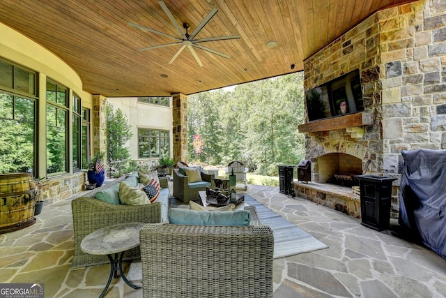 962 Chattooga Trce, Suwanee, GA 30024 - view of patio / terrace with an outdoor living space with a fireplace and ceiling fan