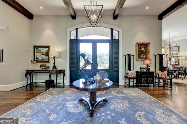 962 Chattooga Trce, Suwanee, GA 30024 - entrance foyer featuring a chandelier, wood finished floors, beamed ceiling, recessed lighting, and french doors