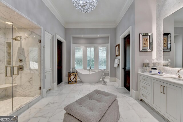 962 Chattooga Trce, Suwanee, GA 30024 - bathroom featuring a marble finish shower, vanity, crown molding, a freestanding tub, and marble finish flooring
