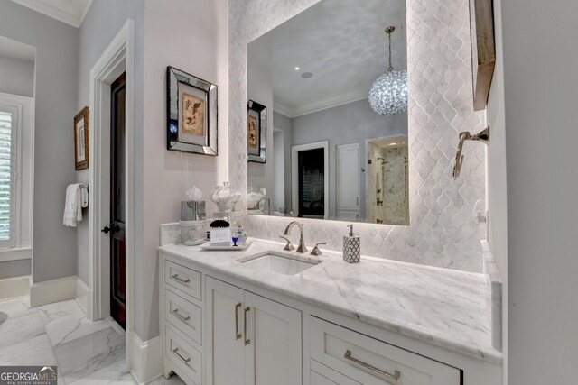 962 Chattooga Trce, Suwanee, GA 30024 - bathroom featuring vanity, crown molding, marble look tiles, and a shower