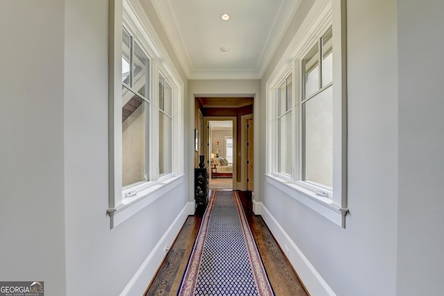 962 Chattooga Trce, Suwanee, GA 30024 - corridor with dark wood-style flooring and crown molding