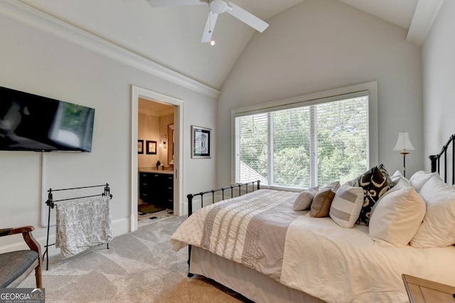 962 Chattooga Trce, Suwanee, GA 30024 - carpeted bedroom with ensuite bathroom, ceiling fan, and high vaulted ceiling