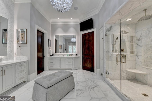 962 Chattooga Trce, Suwanee, GA 30024 - bathroom featuring a chandelier, a marble finish shower, crown molding, marble finish floors, and two vanities