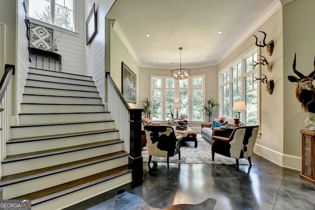 962 Chattooga Trce, Suwanee, GA 30024 - interior space featuring stairway, crown molding, a chandelier, concrete flooring, and recessed lighting