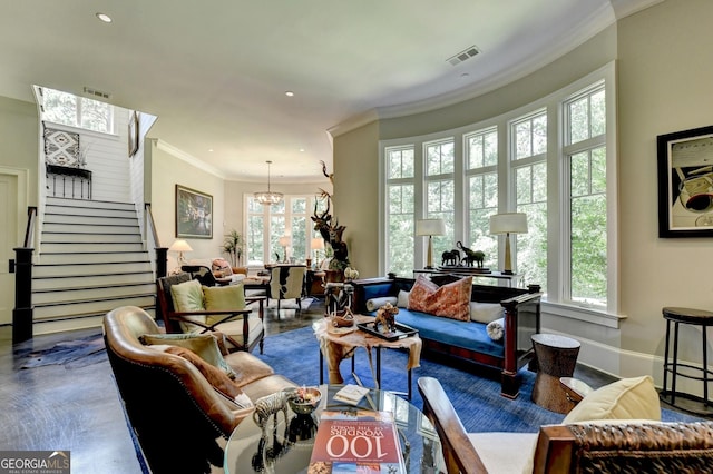962 Chattooga Trce, Suwanee, GA 30024 - living room with a chandelier, stairway, crown molding, and recessed lighting