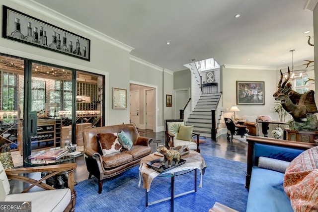 962 Chattooga Trce, Suwanee, GA 30024 - living area with stairway, crown molding, recessed lighting, and a chandelier