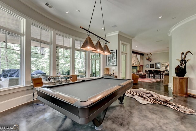 962 Chattooga Trce, Suwanee, GA 30024 - recreation room featuring crown molding, finished concrete flooring, recessed lighting, and billiards table