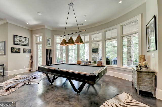 962 Chattooga Trce, Suwanee, GA 30024 - recreation room with finished concrete flooring, ornamental molding, plenty of natural light, recessed lighting, and pool table