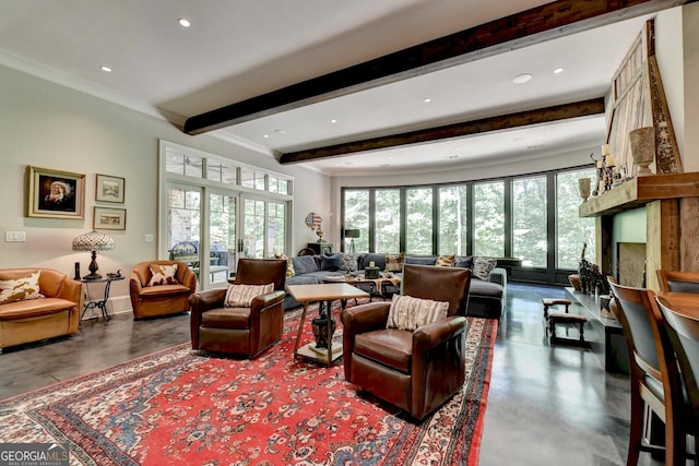 962 Chattooga Trce, Suwanee, GA 30024 - living room with beamed ceiling, concrete floors, and recessed lighting