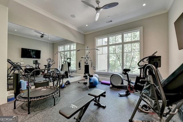 962 Chattooga Trce, Suwanee, GA 30024 - workout area featuring recessed lighting, a ceiling fan, and crown molding