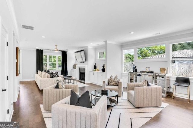 living room featuring ceiling fan, wood-type flooring, and ornamental molding