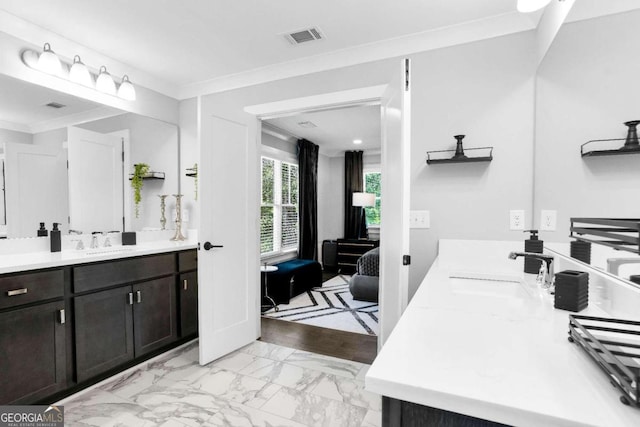 bathroom with vanity, wood-type flooring, and crown molding