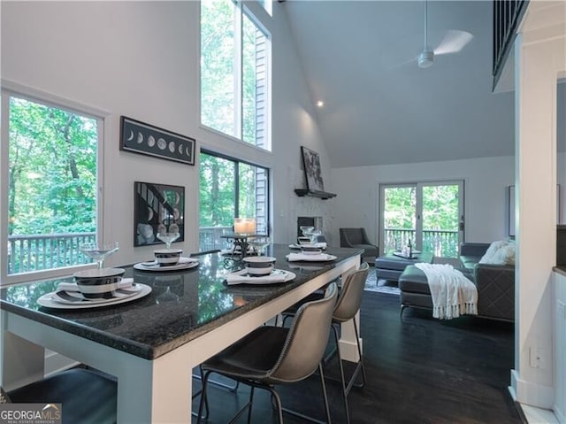 kitchen with dark wood-type flooring, high vaulted ceiling, a kitchen breakfast bar, and ceiling fan