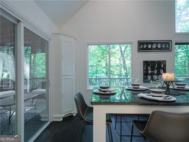 dining space with lofted ceiling and dark hardwood / wood-style floors