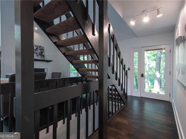 stairs with hardwood / wood-style flooring and rail lighting