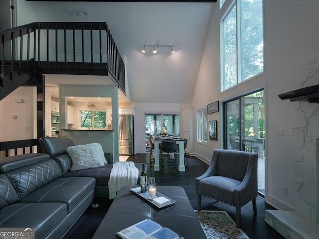 living room featuring high vaulted ceiling, dark hardwood / wood-style floors, and track lighting