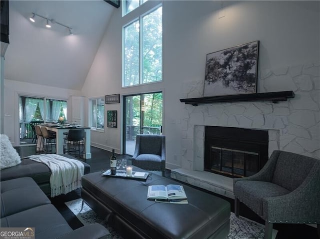 living room with rail lighting, high vaulted ceiling, a stone fireplace, and hardwood / wood-style flooring