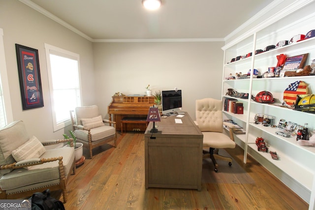 office featuring ornamental molding and hardwood / wood-style flooring