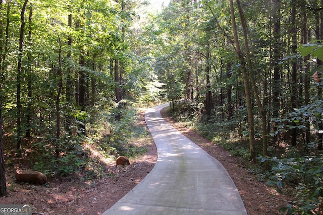 view of road with a wooded view