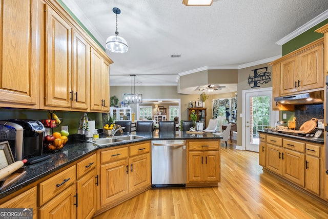 kitchen with cooktop, a peninsula, stainless steel dishwasher, under cabinet range hood, and a sink