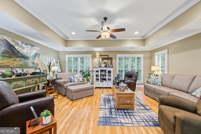 living area with a tray ceiling, plenty of natural light, and wood finished floors