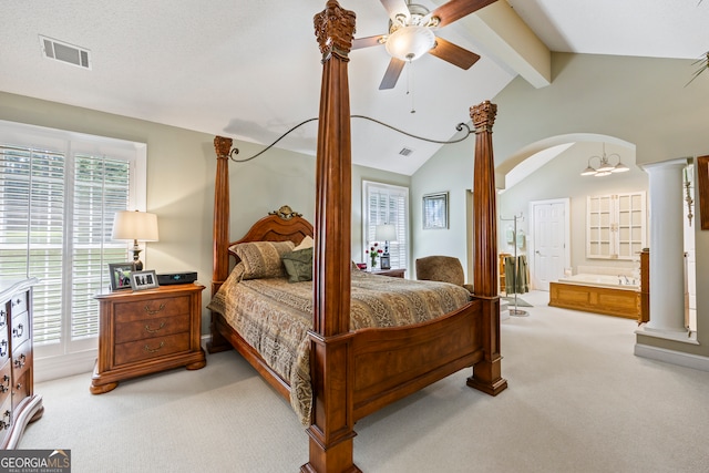 bedroom with light carpet, ornate columns, and visible vents