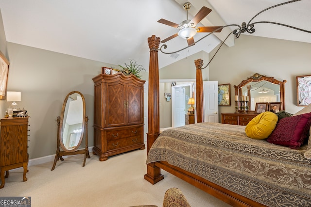 bedroom featuring baseboards, visible vents, a ceiling fan, light colored carpet, and lofted ceiling