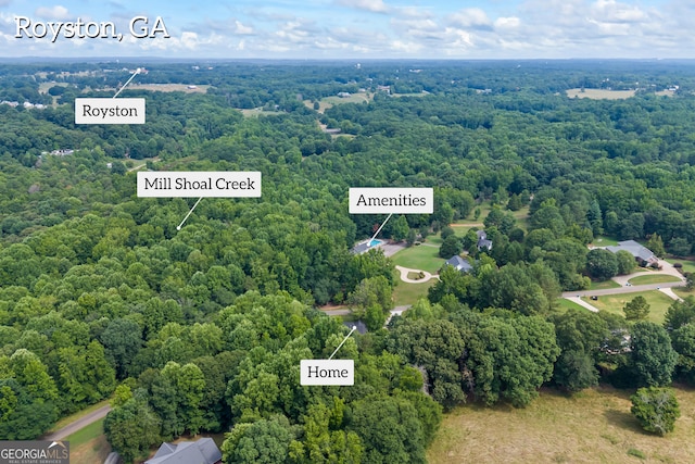 drone / aerial view featuring a forest view