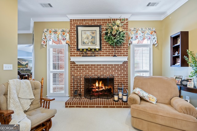 living area with ornamental molding, a fireplace, and visible vents