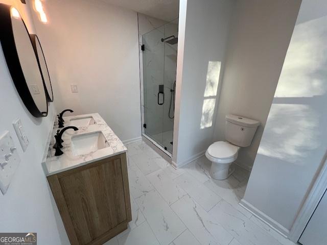 bathroom with vanity, toilet, and walk in shower