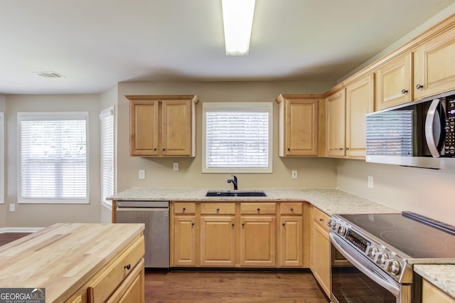 kitchen featuring stainless steel appliances, dark hardwood / wood-style floors, sink, and plenty of natural light