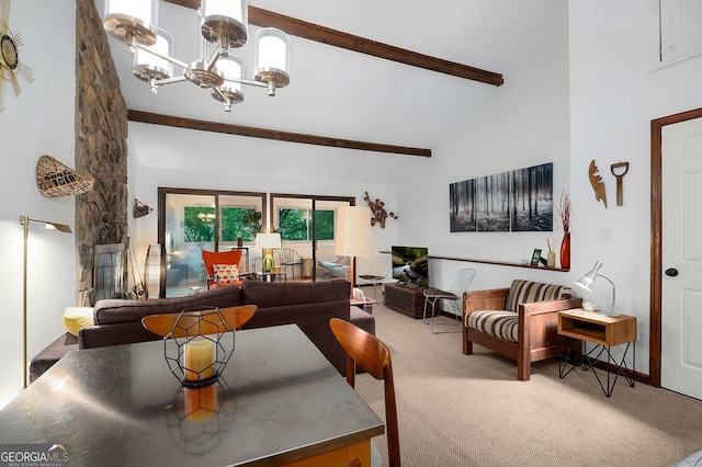 living room featuring carpet floors, beam ceiling, high vaulted ceiling, and a chandelier