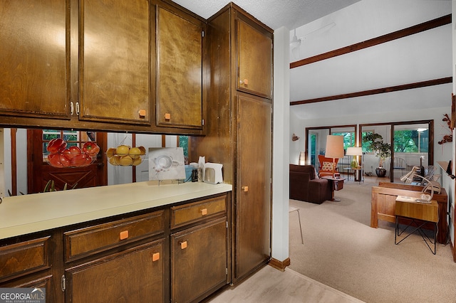 kitchen featuring a textured ceiling and light colored carpet