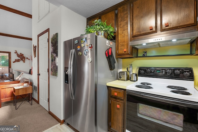 kitchen with dark brown cabinets, a textured ceiling, electric range, and stainless steel fridge with ice dispenser