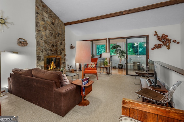 living room with a fireplace, carpet, and vaulted ceiling with beams