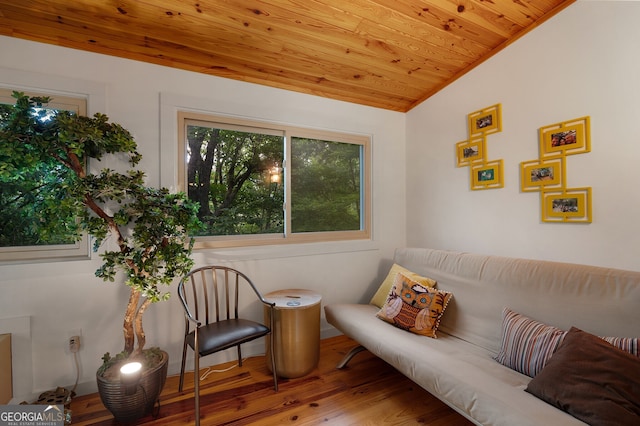 interior space featuring wooden ceiling, lofted ceiling, and hardwood / wood-style floors