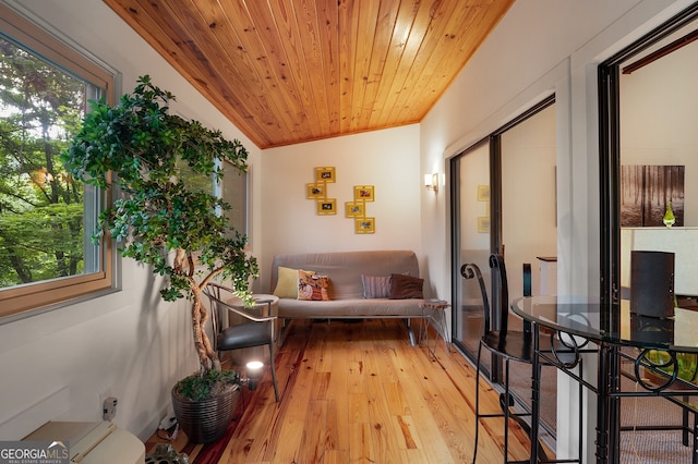 interior space featuring light hardwood / wood-style floors, lofted ceiling, and wood ceiling