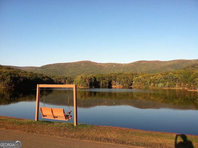 view of dock featuring a water and mountain view