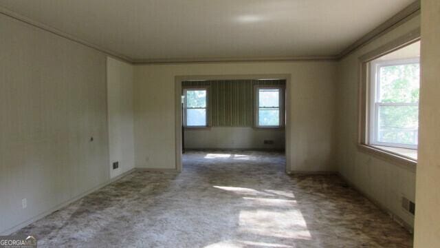 carpeted spare room featuring ornamental molding