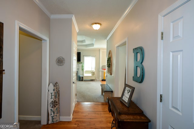 hall featuring crown molding, light wood finished floors, and baseboards