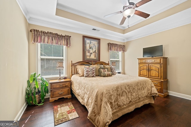 bedroom featuring crown molding, ceiling fan, and dark hardwood / wood-style floors