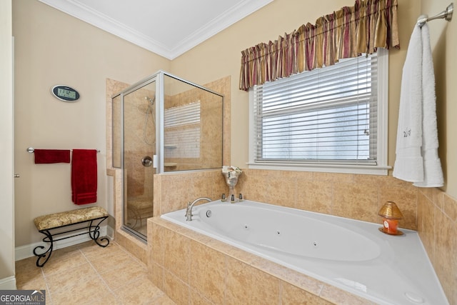 bathroom with separate shower and tub, ornamental molding, and tile patterned floors