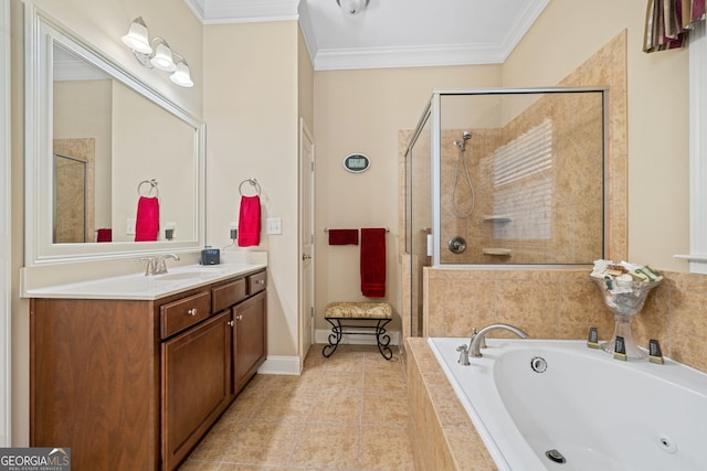 bathroom featuring crown molding, tile patterned flooring, vanity, and shower with separate bathtub