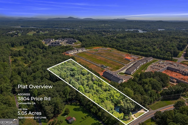 bird's eye view featuring a forest view and a mountain view
