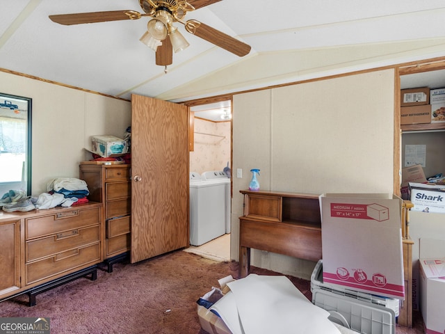 interior space with lofted ceiling, washer and dryer, and ceiling fan